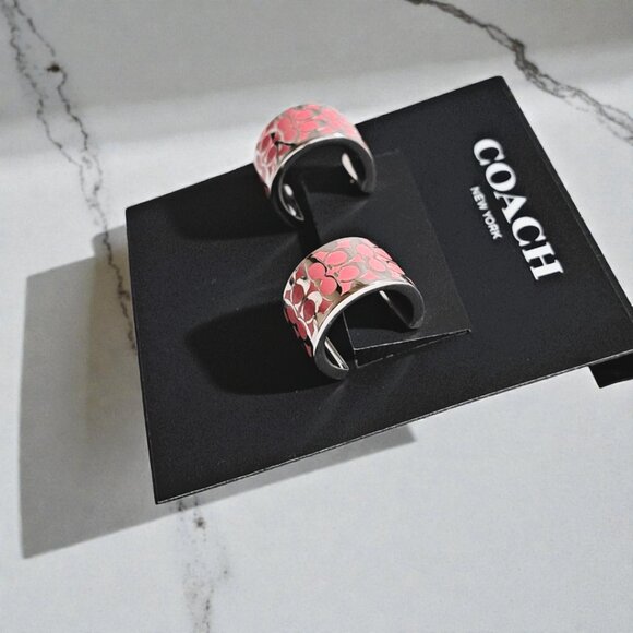 Coach Signature Enamel Huggie Earrings in Silver & Pink NWT - Picture 7 of 14